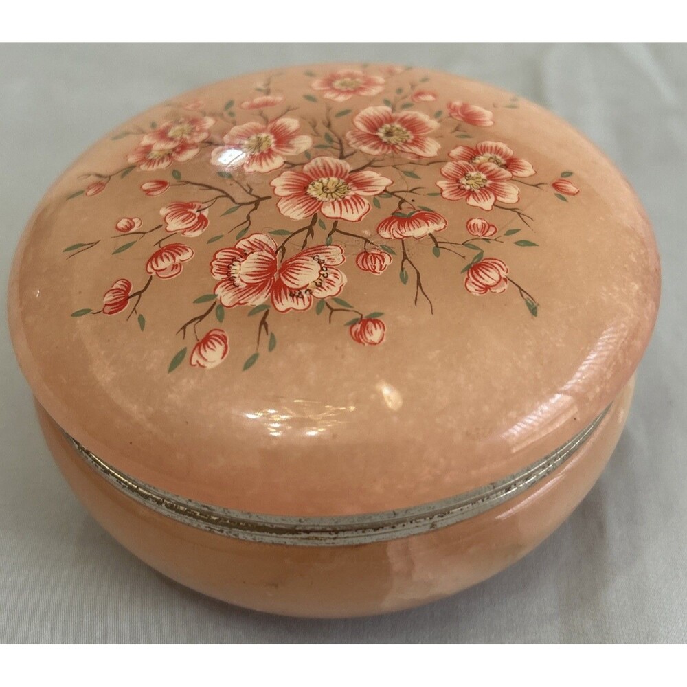Vintage Genuine Alabaster Trinket Jewelry Box Made in Italy Pink Peach Floral